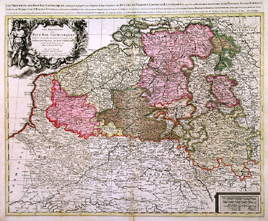Map of Belgium and Luxembourg with pictorial cartouche and scale of miles.