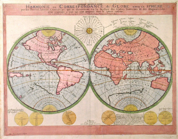 Double hemisphere world map with six small circular diagrams and windrose, 